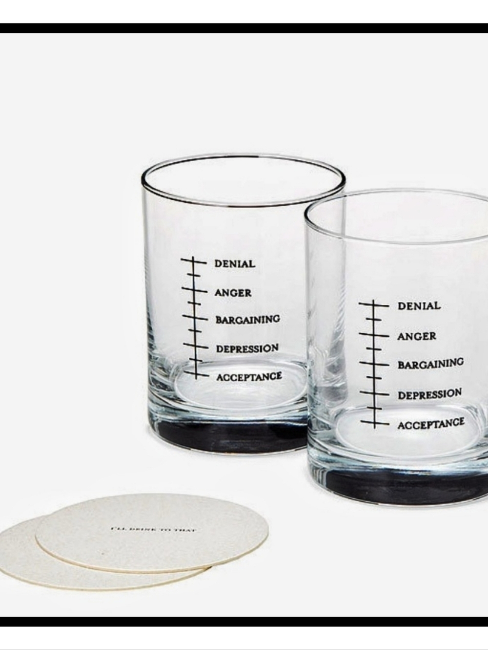 NWT Restoration Hardware 2 Set Brand Good Grief Drinking Glasses + Coasters NEW